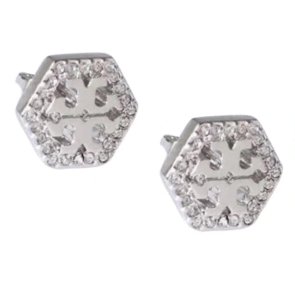 TORY BURCH • Silver Hexagon Crystal Logo Earrings